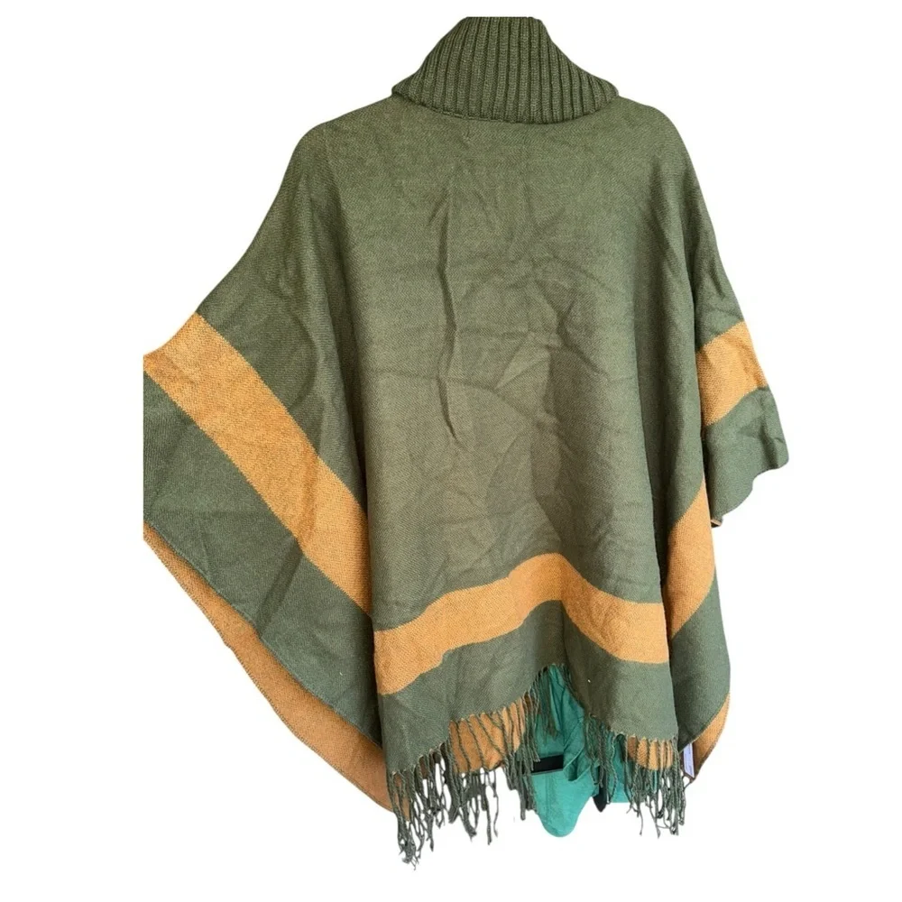 New ANTHROPOLOGIE GREEN SWEATER PONCHO FUNNEL NECK LEATHER TRIM FRINGE CAPE - Picture 10 of 10